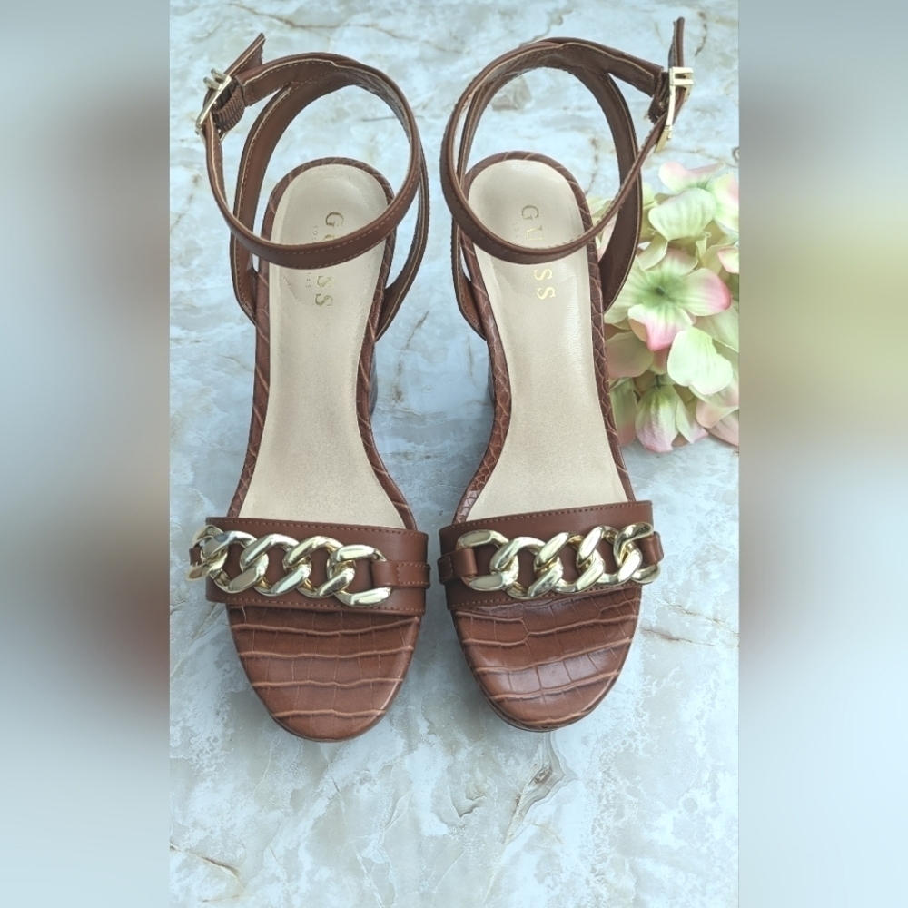 Guess Tan Sandals with Gold Chain Accent